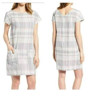 Eileen Fisher Shift Dress Size Large Gray Plaid Chambray Airy Organic Linen
